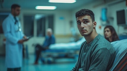Fototapeta premium Worried Man in Hospital Waiting Room