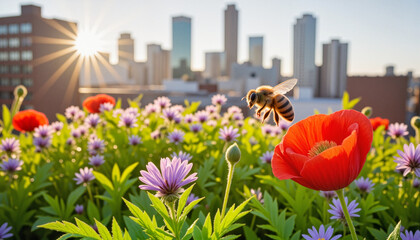 Vibrant rooftop terrace filled with colorful wildflowers and a bee mid-flight approaching a bright red poppy, showcasing nature flourishing in the city
