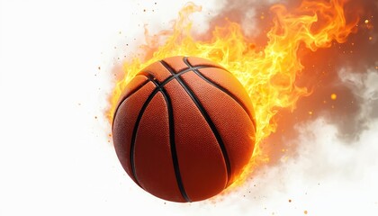 Fototapeta premium Fiery basketball burns brightly surrounded by flames, smoke. Sport ball with fire texture, glow effect. Hot match, game competition abstract art for sport team advertisement.