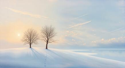 Two bare trees standing in a snow-covered landscape. The sun creates long shadows and a serene winter atmosphere.