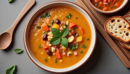 Colorful soup made from repurposed leftovers, served in a ceramic bowl, promoting sustainability on Stop Food Waste Day