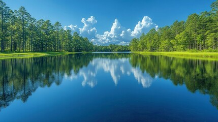 Obraz premium Serene lake mirroring lush trees, fluffy clouds.
