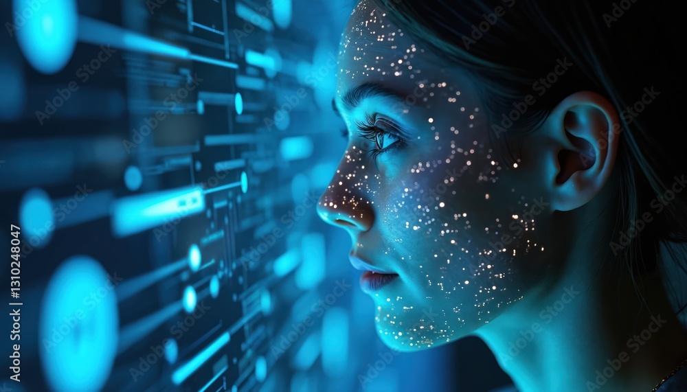 Poster side view of woman with face illuminated by digital data stream, lines. representing ai, innovation,