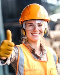 female worker, safety engineer, safety technician, making a thumbs up sign with the hand, looking straight ahead.