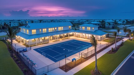 Fototapeta premium Aerial view of a tennis court at dusk showcasing its lines and surrounding landscape.