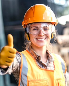 female worker, safety engineer, safety technician, making a thumbs up sign with the hand, looking straight ahead.