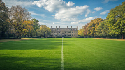 Fototapeta premium Spacious University Campus Rugby Field with Lush Green Turf and Open Space for Games or Events, Featuring Expansive Area for Text Addition