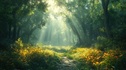 Sunlit forest path blooms yellow flowers
