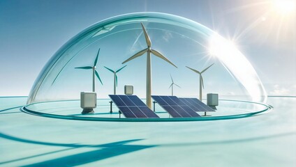 light filled transparent space with solar panels and wind turbines for eco friendly energy promotions