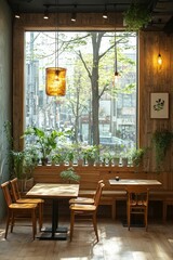 Fototapeta premium Sunny cafe with wooden furniture, plants, and city view.