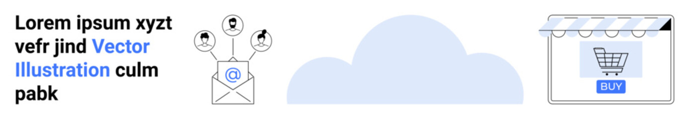 Email networking with user avatars, cloud connection, and a storefront with a shopping cart. Ideal for marketing, e-commerce, cloud services, email outreach, online businesses, connectivity flat