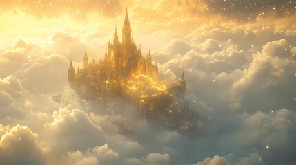 A resplendent golden castle rests among the soft clouds, twinkling with stardust, exuding an aura of mystery and enchantment. Resplendent - Palace. Illustration