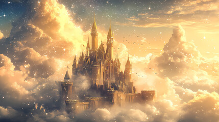 A resplendent golden castle rests among the soft clouds, twinkling with stardust, exuding an aura of mystery and enchantment. Resplendent - Palace. Illustration