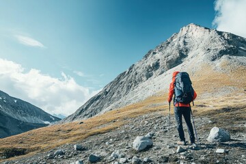 Naklejka premium Hiker trekking towards rocky mountain peak 