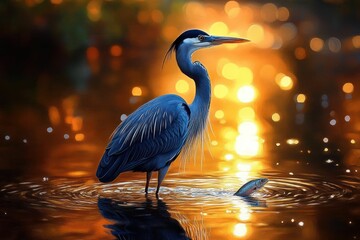 Majestic heron captures fish sunset glow.