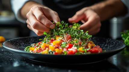Creating a vibrant salad with fresh ingredients and microgreens in a modern kitchen setting during daylight