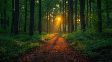 Obraz premium Sunlit path through tranquil green forest.