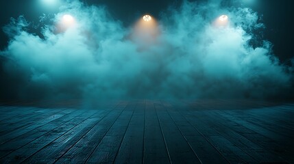 Dark Moody Background Teal Blue Smoke Wooden Floor Spotlights