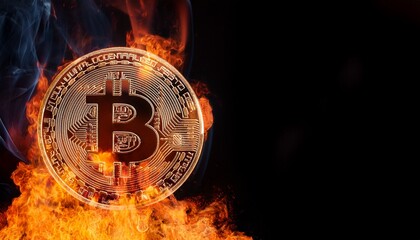 burning bitcoin isolated on black background