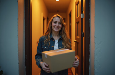 Retail Gift Delivery Photo: Handing Over Package, Courier, Personalized Delivery, Convenient Service, E-Commerce Marketplace & Joyful Moment