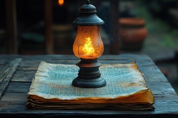 Ancient lamp illuminates old parchment, mystical ambiance.