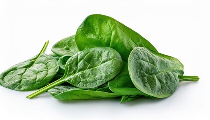 Fototapeta premium Vibrant green spinach leaves isolated on a clean white background, showcasing their fresh texture and color, ideal for healthy eating, recipes, or nutrition-focused visuals.