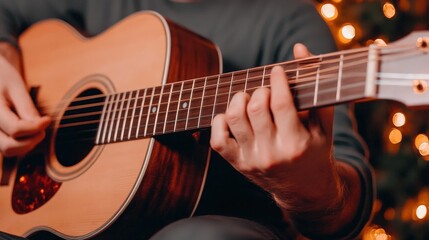 Fototapeta premium Close-up of Hands Playing Acoustic Guitar with Warm Holiday Lights