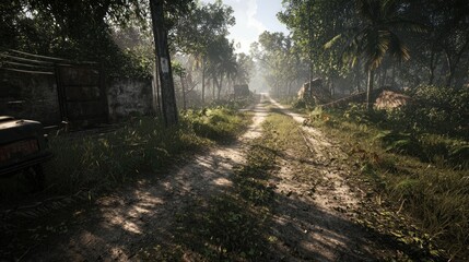 Fototapeta premium Sunlit jungle road, overgrown village, abandoned structures, daybreak scene