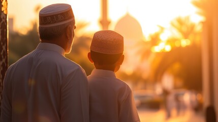 Father and son at sunset near mosque
