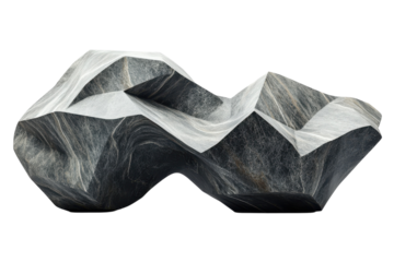 Unique abstract stone sculpture displayed in a modern art gallery showcasing intricate textures and natural materials