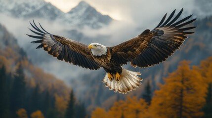 Obraz premium Majestic eagle soaring, autumnal mountains.