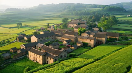 Naklejka premium Serene Aerial View of a Traditional Village Amid Lush Green Fields