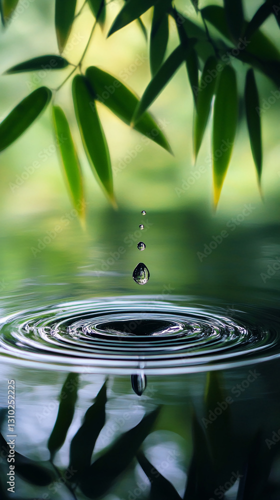 Poster water drop falling into calm water, creating concentric ripples, serene scene with bamboo leaves bac