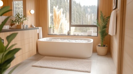 A bright bathroom features a bathtub beside a large window for natural light.