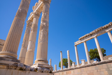 Historical view of greek antique city of Bergama. Ancient architectural landscape with marble...