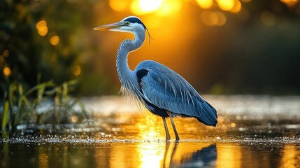Majestic heron at sunset golden water