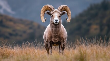 Naklejka premium Majestic Bighorn Sheep Ram in Autumn Grassland Wild Nature Powerful Horns Mountain Animal Wildlife Photography Scenic Landscape Image Beautiful 
