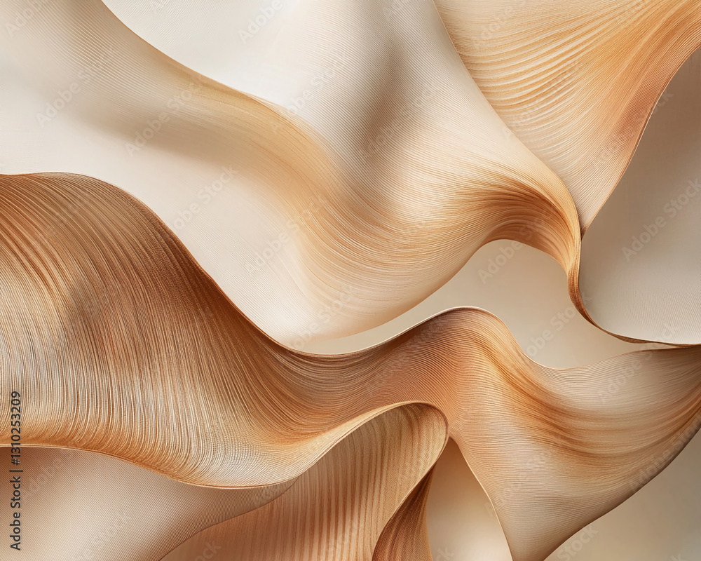 Poster Abstract image of flowing beige and brown fabric, creating soft waves and curves, showcasing elegance and fluidity, ideal for design backgrounds