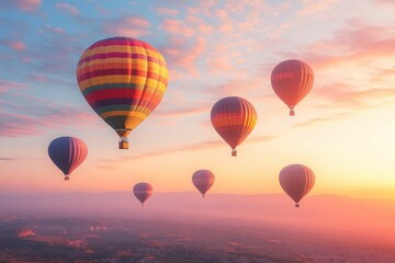 Fototapeta premium Colorful hot air balloons soar at sunrise