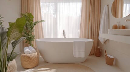 Fototapeta premium A spacious bathroom features a bathtub beside a large window, offering natural light and an inviting ambiance.