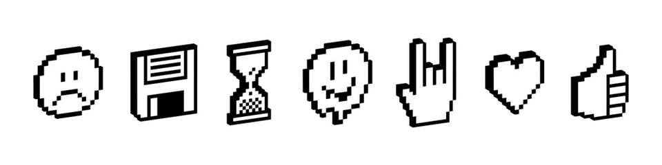 Y2k trendy collage sticker set. Sad face, melting smile face, heart, thumbs up. 3D pixel art black elements. Mood of 90's. 8-bit retro style vector illustration. Geometric shape. Game abstract icons