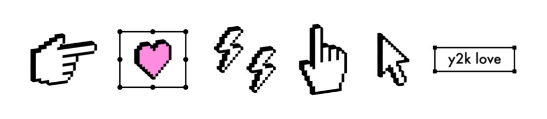 Obraz premium Y2k pointing finger, cursor sticker. Black geometric shapes isolated on white background. 3D hand gestures icon. Pixel art. Love heart trendy design element. 3D vintage social media icon emoji
