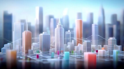 Futuristic city skyline with digital network connections.