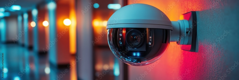 Poster video camera with motion detection installed in a modern hallway for security monitoring