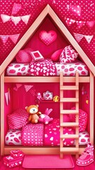 Pink dollhouse bedroom, cozy interior, decorative elements, kids, fun