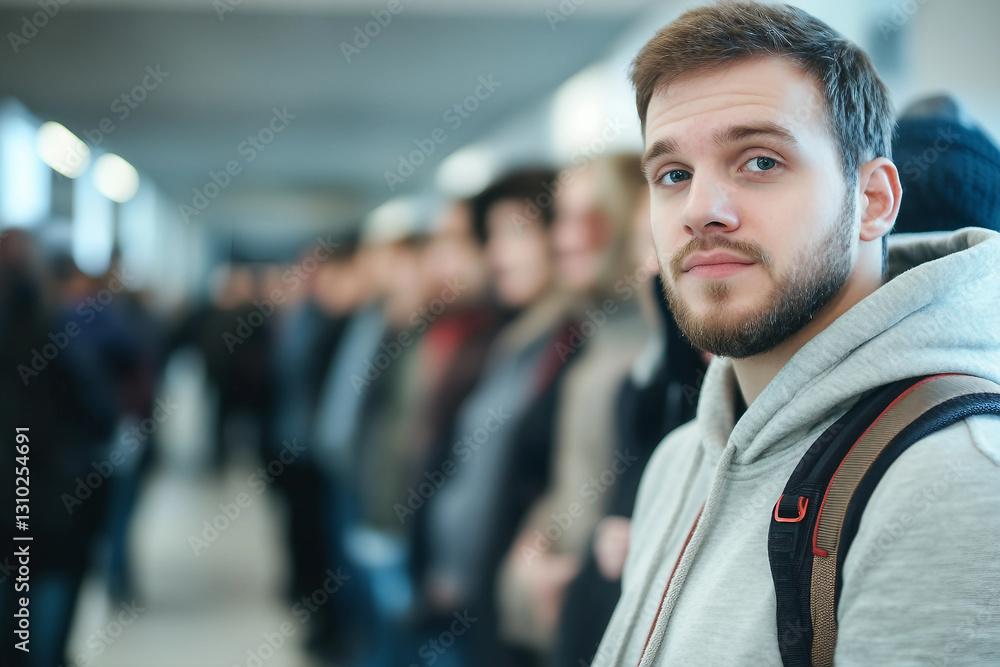 Poster public crowd standing in store generative ai technology