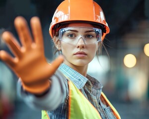 worker female, safety engineer, with her arm outstretched making a stop sign with her hand.