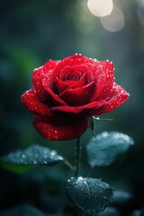Dew-kissed red rose, dark green leaves, soft light.