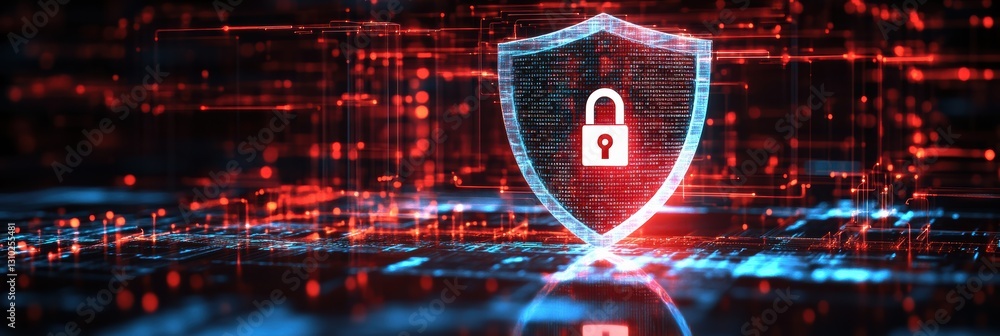 Poster digital shield icon with lock for cybersecurity and data protection in a connected world