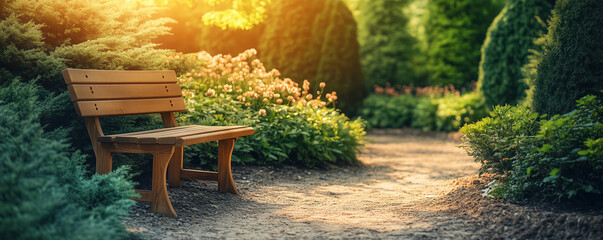 Obraz premium A loneliness wooden bench standing in a coniferous garden.
